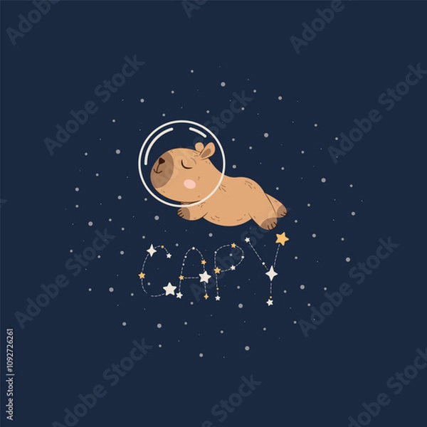 Fototapeta Capybara in space. Cute little animal against the dark background of the night sky. Capybara constellation