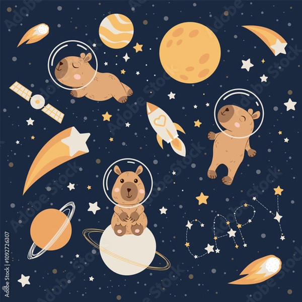 Fototapeta Flat vector illustration in childish style on dark background. Cute capybara in space. Night and stars