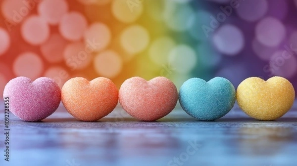 Obraz Colorful heart-shaped candies arranged in a row for a festive Valentine's Day celebration