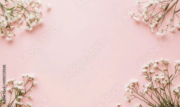 Fototapeta Pink background with white flowers arranged in corners, leaving central space for text or design.