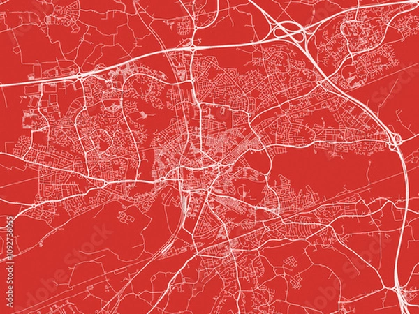 Fototapeta Christmas Map of Warrington, United Kingdom in Snowy White on Festive Red Background.