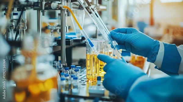Fototapeta Electrolysis process. Close up hands working with equipment for electroanalysis in chemical laboratory ai generative