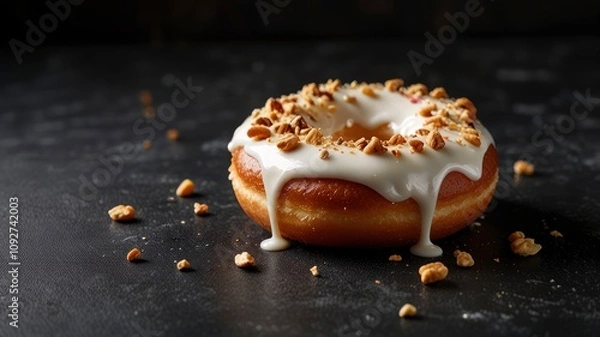 Fototapeta Delicious donut with cream filling and nuts on a dark concrete background