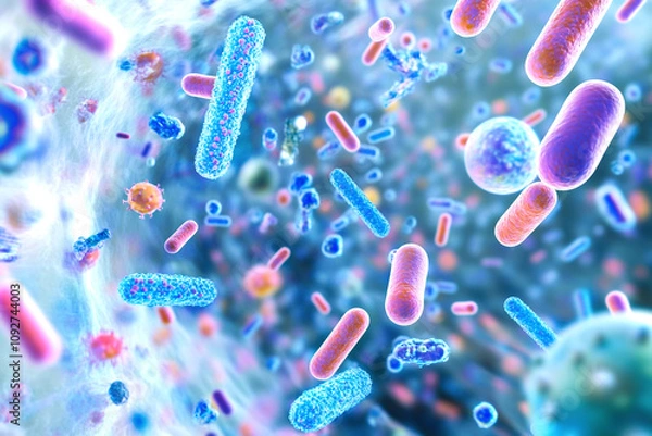 Obraz Illustration of the human microbiome interacting with the immune system, showcasing gut health. Visualization of diverse microbiota supporting a healthy immune system