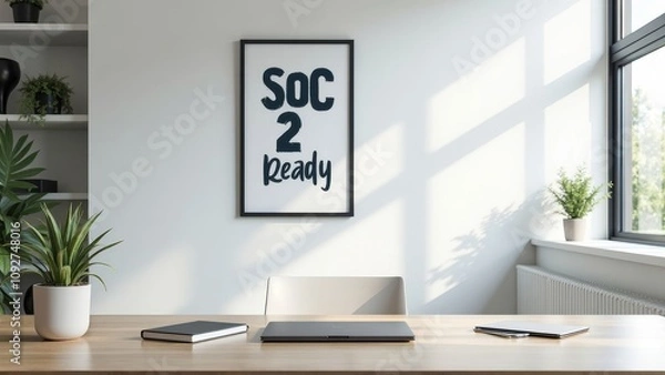 Fototapeta Minimalist office interior with SOC 2 Ready poster and tech gadgets on a stylish wooden table