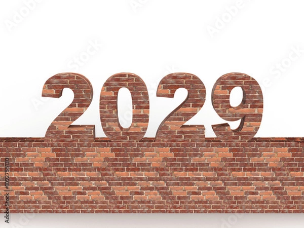 Fototapeta Brick New Year 2029 set on a stone wall in front. Post idea for a construction company. 3d rendering