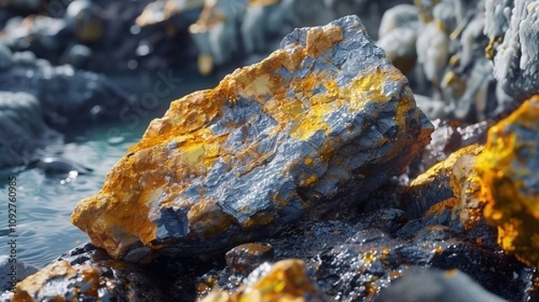 Obraz A large rock containing uranium ore displays bright colors beside a small water body in nature
