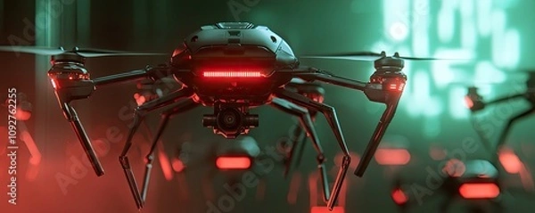 Fototapeta A futuristic drone with glowing red lights hovers against a green backdrop, showcasing advanced technology in a sci-fi environment.