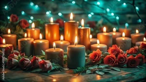 Fototapeta Holocaust memorial day candles on dark background with roses for remembrance and reflection