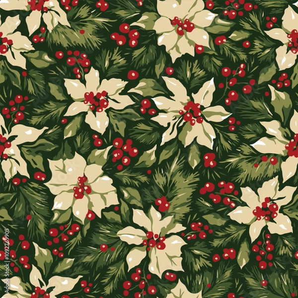 Fototapeta Series of christmas floral patterns in retro vintage classical style