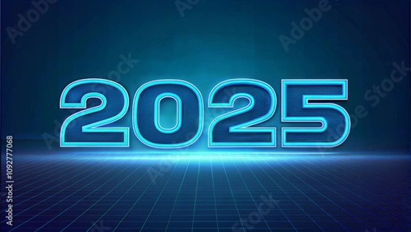 Fototapeta Futuristic glowing 2025 text on a blue digital grid