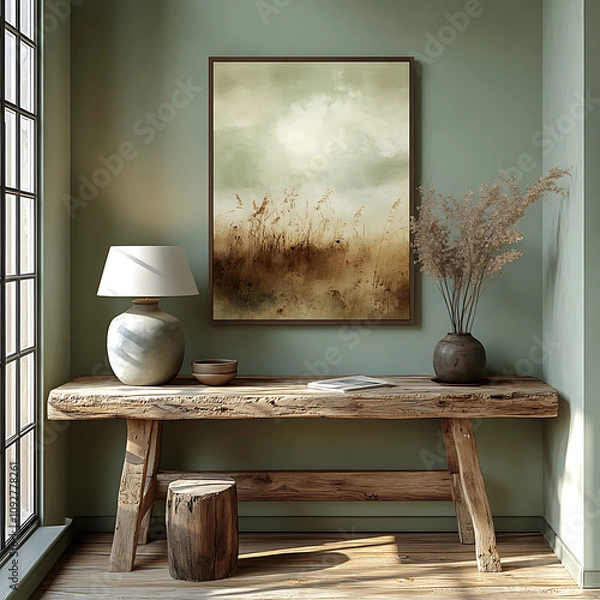 Fototapeta serene Scandinavian interior featuring rustic wooden table, stylish lamp, and decorative vases. calming color palette enhances cozy atmosphere