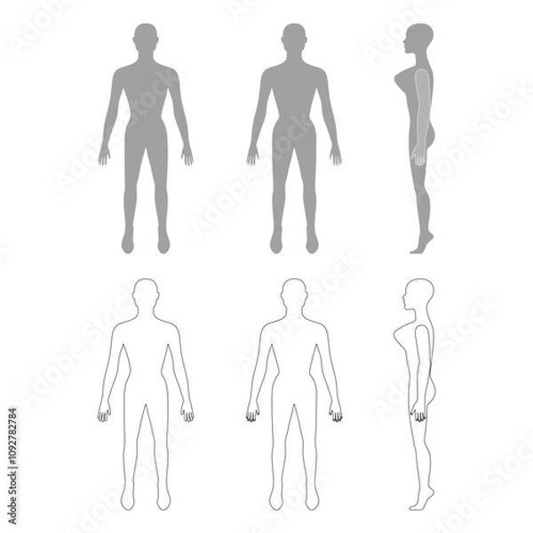 Fototapeta Full length front, back, side view of a lean bald standing naked woman silhouette, isolated on white background. Vector illustration. 