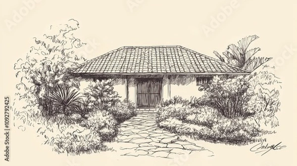 Obraz A detailed sketch of a house surrounded by lush plants and a stone pathway.
