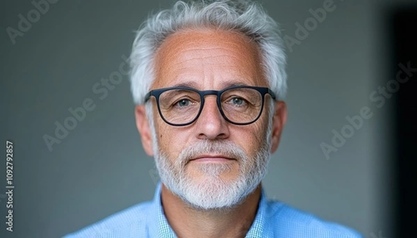 Fototapeta A man with gray hair and glasses gazes confidently in a minimalist background