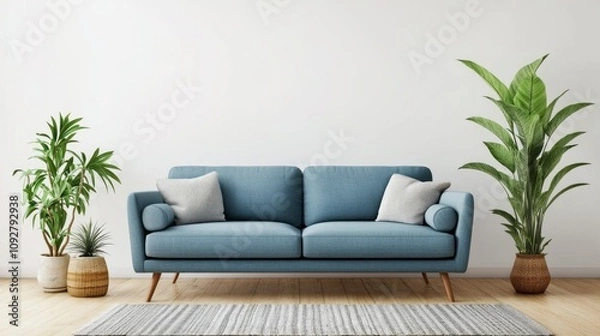 Fototapeta A blue couch with pillows sits in front of a wall