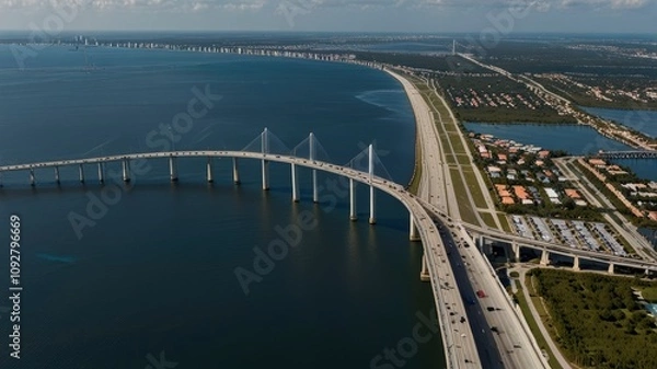 Fototapeta Aerial view of Sunshine Skyway Bridge over Tampa Bay in Florida with moving traffic