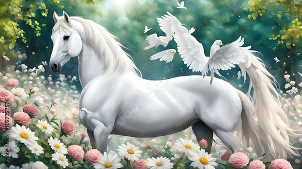 Obraz A white horse is standing in a park full of flowers and a beautiful dove is sitting on top of it