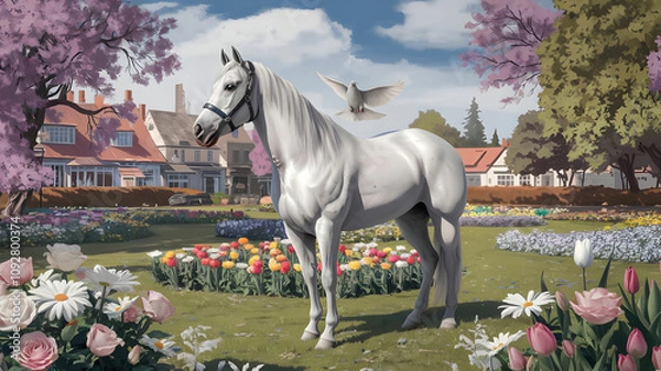 Obraz A white horse is standing in a park full of flowers and a beautiful dove is sitting on top of it