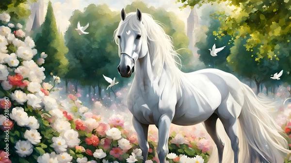 Obraz A white horse is standing in a park full of flowers and a beautiful dove is sitting on top of it