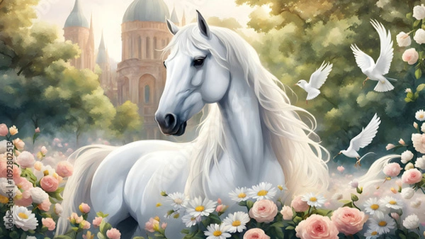 Obraz A white horse is standing in a park full of flowers and a beautiful dove is sitting on top of it