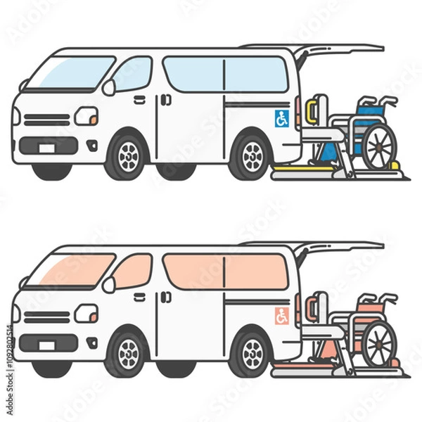 Obraz 車椅子を搭載するリフト付きの介護タクシー・バンのイラスト(フルカラー・単色モノカラーのセット)