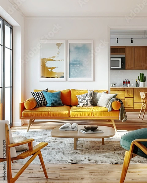 Fototapeta Scandinavian home interior design of modern studio living room. Cozy living area with yellow sofa, wooden coffee table, patterned rug, and open view of minimalist kitchen.