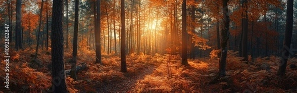 Obraz Scenic Autumn Forest View at Sunset with Mountain Range