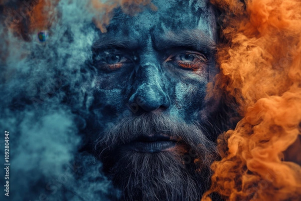 Fototapeta Portrait of an older Caucasian man with a blue-painted face surrounded by swirling orange and blue smoke, creating a mystical and surreal atmosphere.