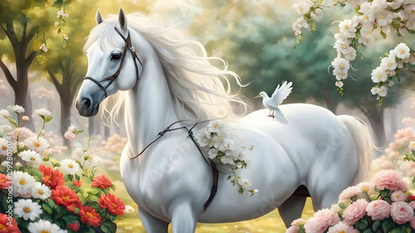 Obraz A white horse is standing in a park full of flowers and a beautiful dove is sitting on top of it