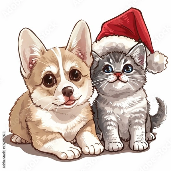 Fototapeta Cute cartoon style drawing of two animals: one is a corgi and the other is a kitten wearing a Christmas hat on a white background.