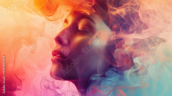 Fototapeta A woman experiencing emotional ups and downs, depicted through a blend of soft, warm colors fading into cool tones, representing hormonal fluctuations