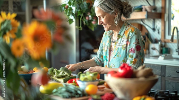 Fototapeta A woman preparing a colorful plant-based meal, focusing on menopause health, with fresh fruits, vegetables, and grains, soft natural light and healthy tone
