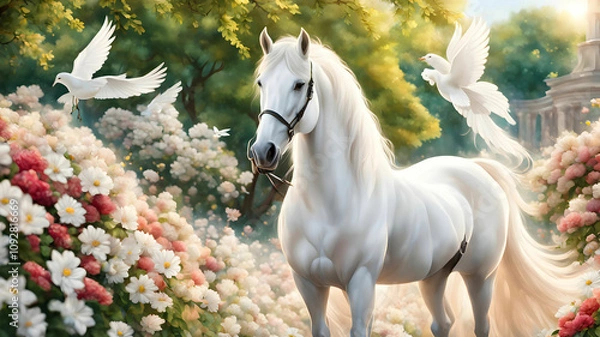 Obraz A white horse is standing in a park full of flowers and a beautiful dove is sitting on top of it