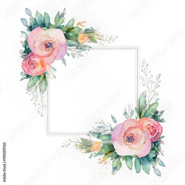 Fototapeta Elegant watercolor floral frame design with soft pastels surrounding a blank centerpiece