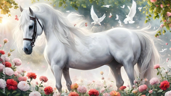 Obraz A white horse is standing in a park full of flowers and a beautiful dove is sitting on top of it