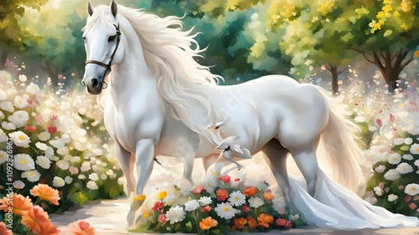 Obraz A white horse is standing in a park full of flowers and a beautiful dove is sitting on top of it