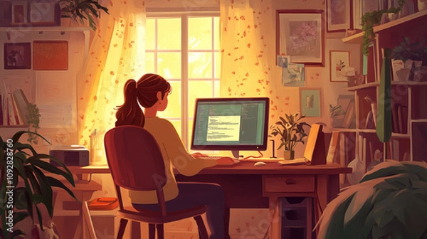 Fototapeta A girl works remotely on the computer at home, book illustration