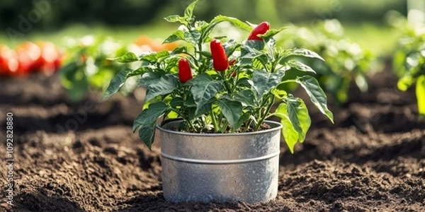 Fototapeta A vibrant red pepper plant sits elegantly in a round silver planter, surrounded by rich soil and additional planters, showcasing the beauty of red pepper plants in a garden setting.