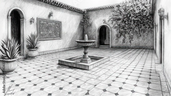 Fototapeta A serene courtyard with a central fountain, surrounded by plants and intricate tile work.
