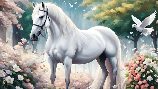 Obraz A white horse is standing in a park full of flowers and a beautiful dove is sitting on top of it
