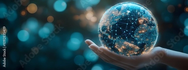 Fototapeta Digital technology background with a hand holding a blue globe and world map, symbolizing the global network of internet connections for online business and connectivity