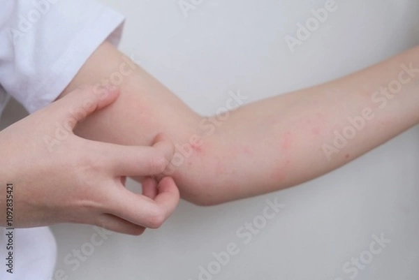 Obraz The child scratches atopic skin. Dermatitis, diathesis, allergy on the child's body.	