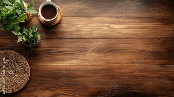 Fototapeta Table top background. Wooden table mock up background minimalistic copy space countertop top view