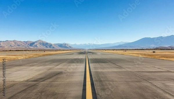 Fototapeta A clear runway stretches towards distant mountains under a blue sky.