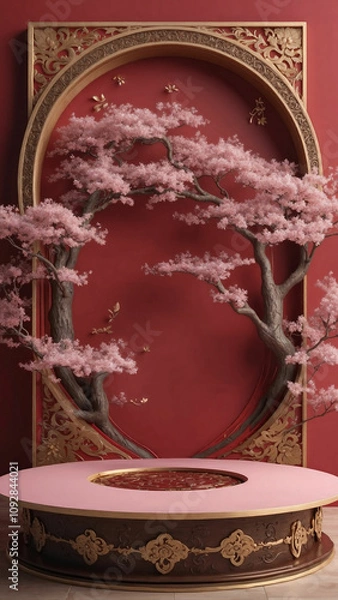 Obraz Asian-inspired platform with gold accents and cherry blossoms, ideal for displays or as a luxurious backdrop.