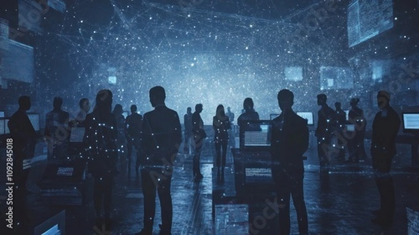 Fototapeta Silhouetted figures in a digital landscape with glowing screens and data visualization.