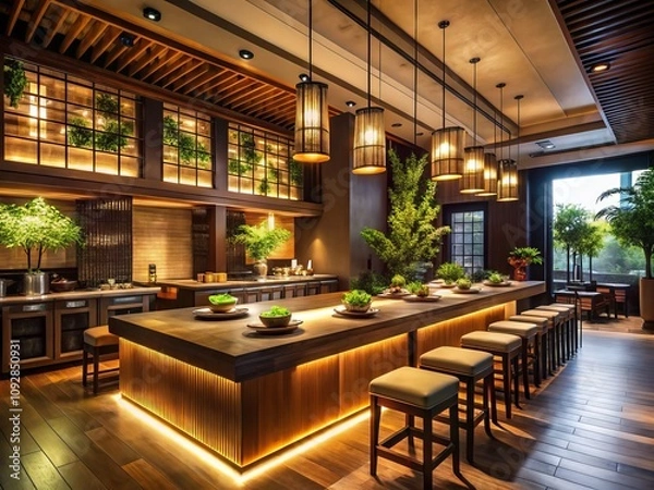 Fototapeta Elegant Asian Restaurant with Sleek Bar Counter Offering a Sophisticated Dining Experience and Fusion of Flavors in a Cozy, Ambient Setting