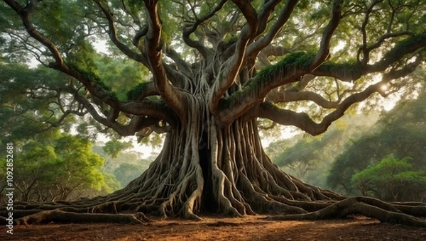 Obraz View of a majestic and ancient banyan tree (Bargad Vriksh) standing tall in the center of a serene forest