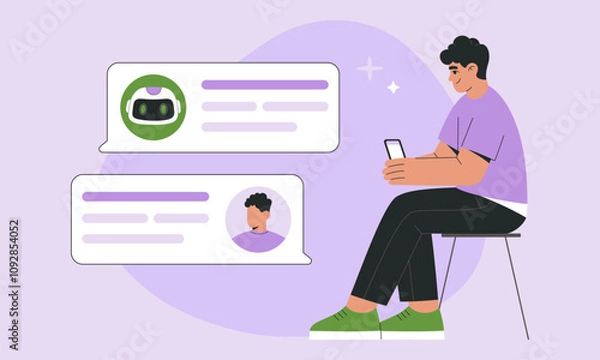 Fototapeta AI chat bot and man communicating and messaging via smart phone, human user asking artificial intelligent robot business questions, virtual dialog. Flat vector illustration, isolated purple background